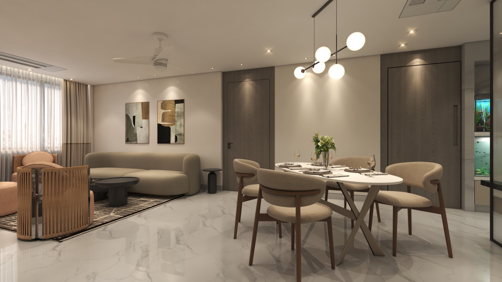 Sea-facing residence living room with warm neutral finishes